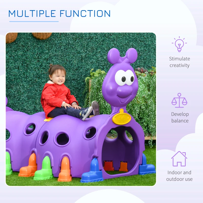 Qaba Caterpillar Play Tunnel, Toddler Tunnel for Kids Crawl and Climb Through, Kids' Play Structure Indoor Outdoor, 2 Sections, Purple