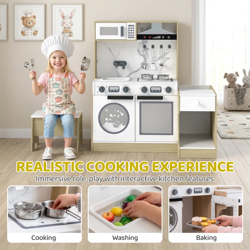 Qaba Kids Kitchen Playset, 2-in-1 Convertible Table and Chair Set with Sink, Oven, Microwave, Accessories for 3-8