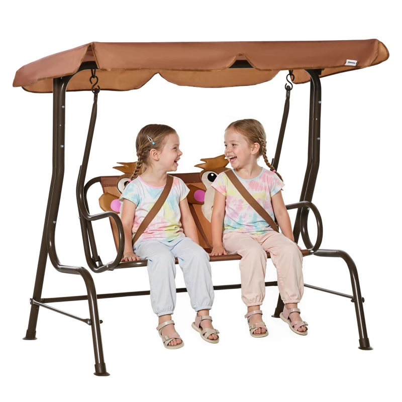 Outsunny 2-Seat Kids Porch Swing Chair, Children Outdoor Patio Furniture Lounge Chair for Garden, with Adjustable Canopy, Seat Belt, Monkey Pattern, for 3-6 Years Old, Coffee