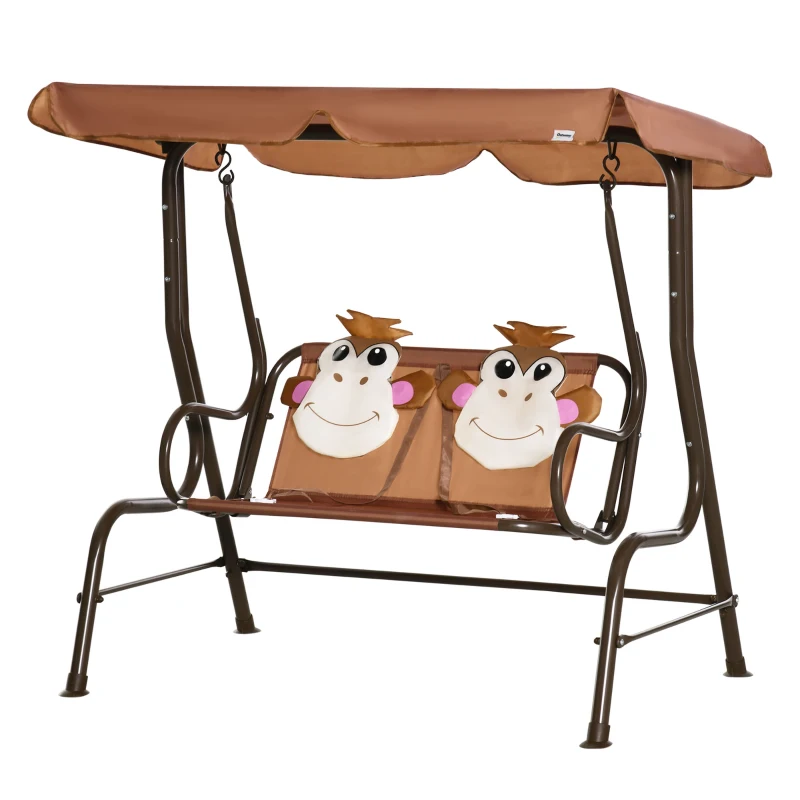 Outsunny 2-Seat Kids Porch Swing Chair, Children Outdoor Patio Furniture Lounge Chair for Garden, with Adjustable Canopy, Seat Belt, Monkey Pattern, for 3-6 Years Old, Coffee