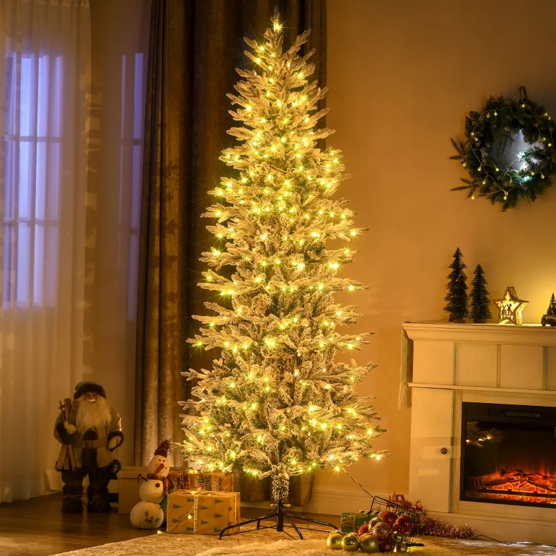 HOMCOM 7.5' Pre Lit Artificial Flocked Christmas Trees, with Snow Branches, Warm Yellow Clear Lights, Auto Open, Extra Bulb