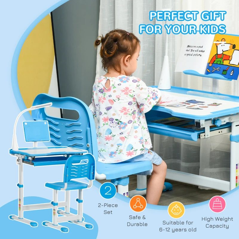 Qaba Kids Desk and Chair Set Height Adjustable Student Writing Desk Children School Study Table with Tilt Desktop, LED Lamp, Pen Box, Drawer, Reading Board, Cup Holder, Blue
