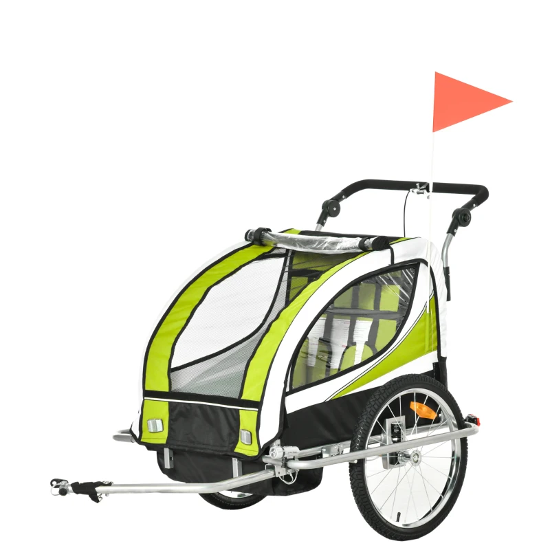 Aosom Foldable Bike Trailer for Kids, Toddler Carrier with 2 Seats, Safety Flag, Light Reflectors, & 5 Point Harness, Green