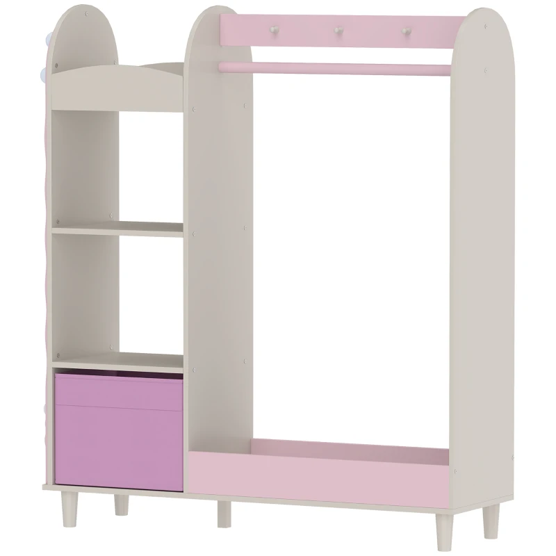Qaba Kids Clothing Rack, Kids Wardrobe with Glowing Lights Mirror, Non-Woven Drawer and Shelves for Bedroom, Ages 3-8, Pink