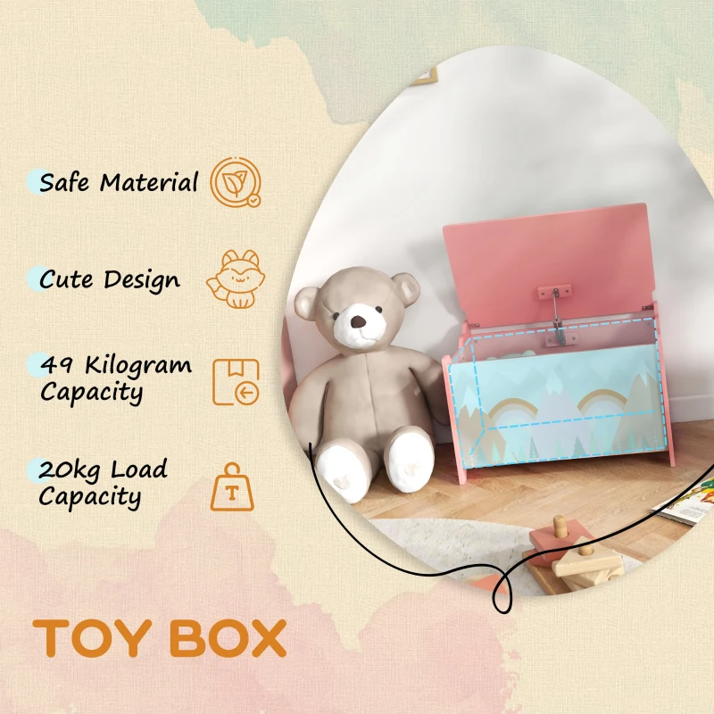 Qaba Toy Box with Lid and Kids Easel with Paper Roll, Blackboard, Whiteboard, Cute Fox Design, for Ages 3-8 Years, Pink