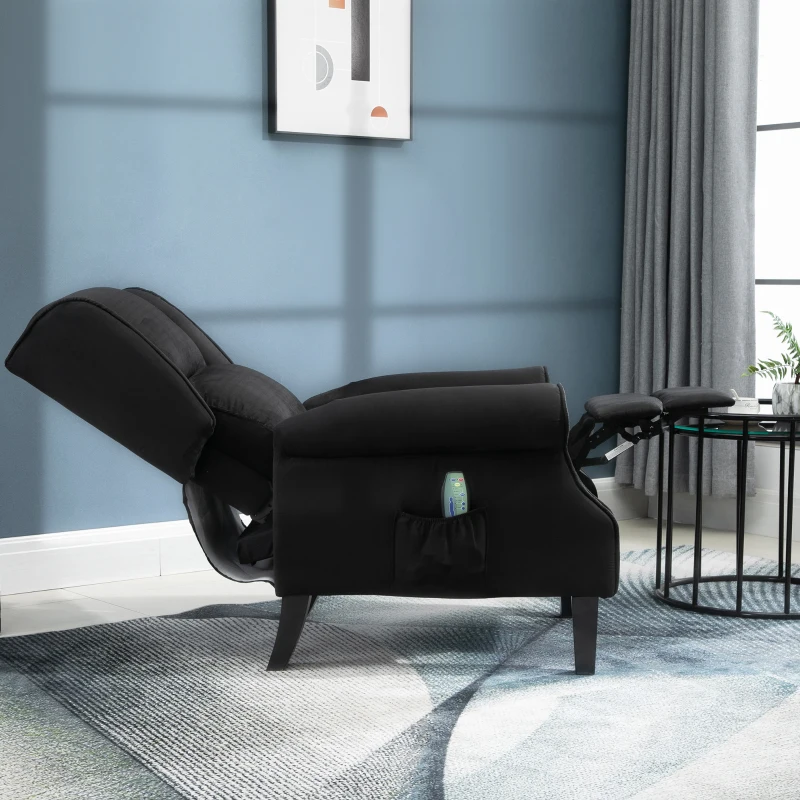 HOMCOM Vibration Massage Recliner Chair for Living Room with Heat,  Wingback Single Sofa, Modern Suede Fabric Push Back Reclining Chair with Footrest, Side Pocket, Black