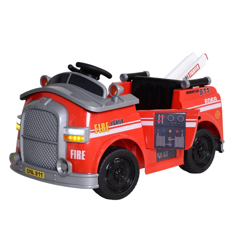 Aosom Kids Ride-On Car Fire Truck, 6V 7AH Battery Powered Fire Car with Parental Remote Control, Safety Belt, Lighting, Working Steering Wheels, Horn and Lift Ladder (Red)