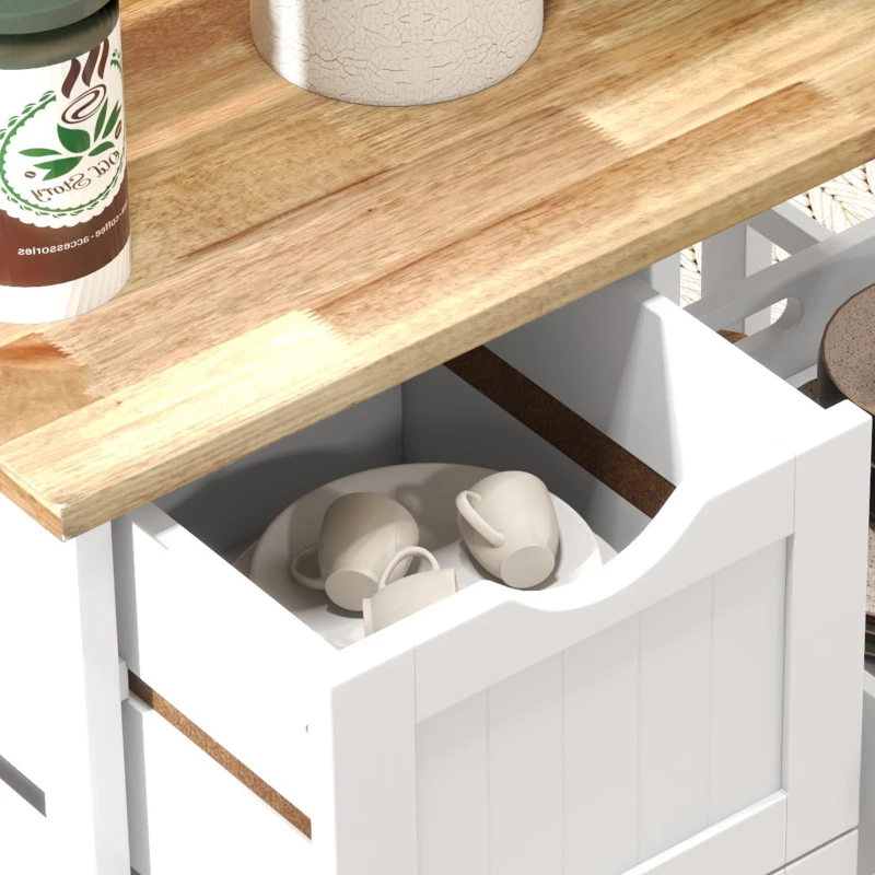 HOMCOM Rolling Kitchen Cart, Kitchen Island with Wood Top, Shelves & Drawers for Dining Area, White