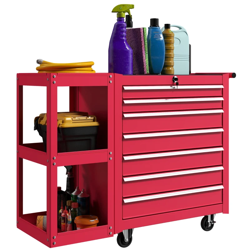 HOMCOM 7-Drawer Rolling Tool Chest with Detachable Side Shelf, Lockable Tool Cabinet Box Organizer with Wheels, Red