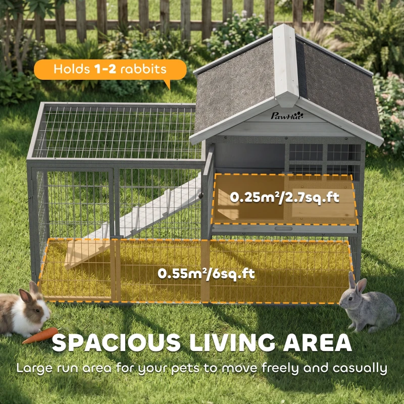 PawHut Rabbit Hutch Outdoor, 48"L Large Wooden Bunny Cage with Run, Grey