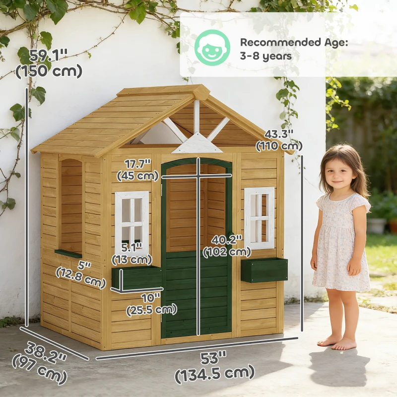 Qaba Outdoor Playhouse, Wooden Kids Playhouse with Door, 3 Windows, 2 Flower Boxes for Garden, Indoor Playroom, Ages 3–8