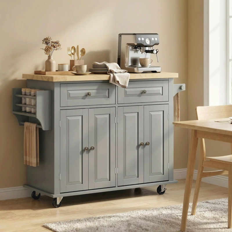 HOMCOM 44" Mobile Kitchen Island Table, Kitchen Island Cart on Wheels with Storage Cabinets, 2 Drawers, Gray