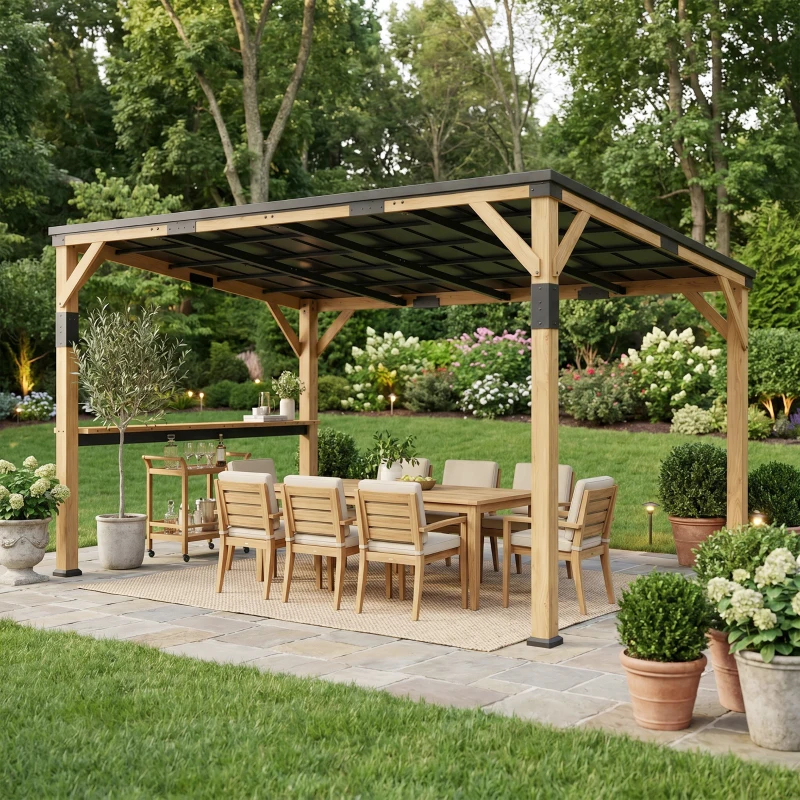 Outsunny 10' x 14' Wooden Gazebo, Hardtop Lean-to Gazebo Pergola with Galvanized Steel Sloped Roof, Bar Shelf, Natural Wood