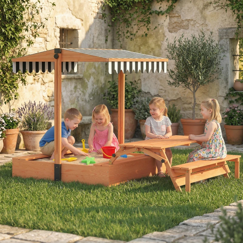 Qaba Kids Sandbox with Lid, Wooden Sand Pit with Canopy, Foldable Picnic Table, Bench Seats, Bottom Liner, Cover, Brown