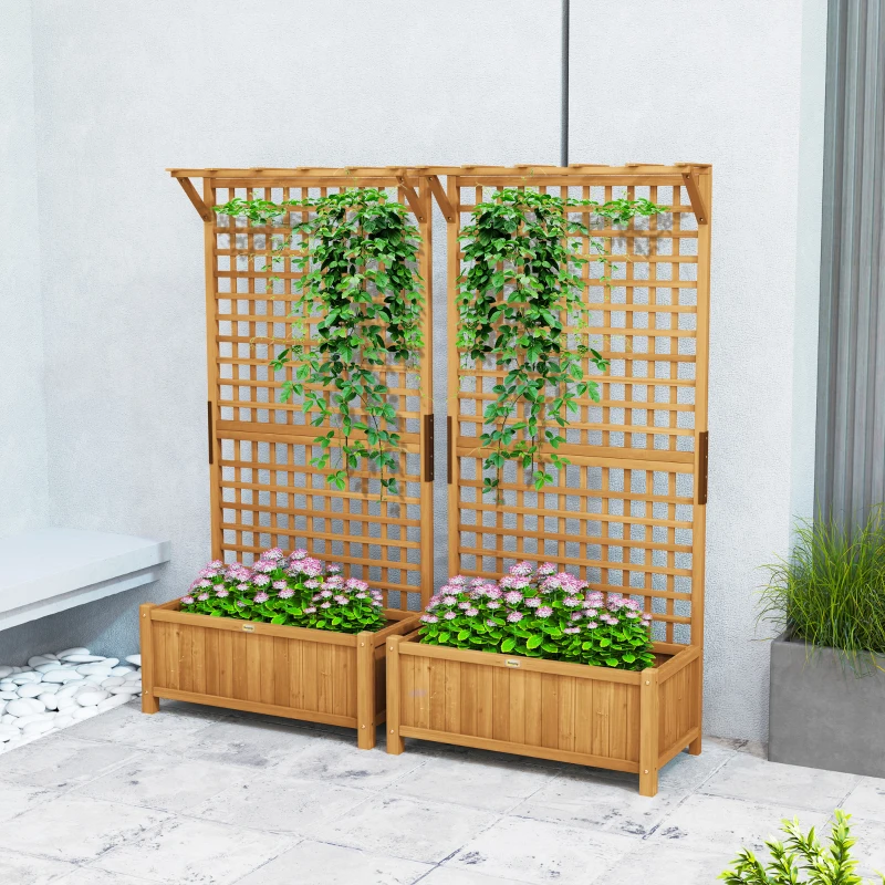 Outsunny Wood Planter with Trellis for Vine Climbing, Raised Garden Bed, Privacy Screen for Backyard, Patio, Pack of 2, Yellow