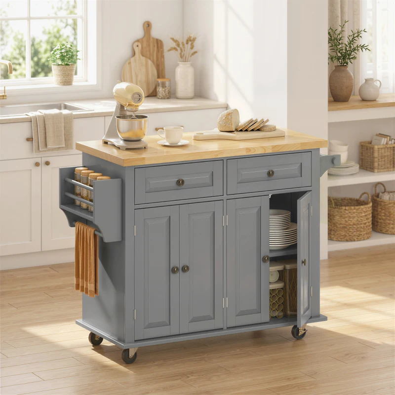 HOMCOM 44" Mobile Kitchen Island Table, Kitchen Island Cart on Wheels with Storage Cabinets, 2 Drawers, Gray