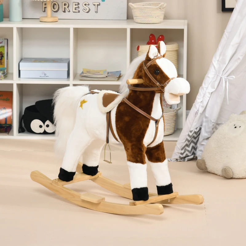 Qaba Rocking Horse with Sound, Ride on Horse with Saddle, Toddler Rocker, Gift for 3-8 Year Old, Brown