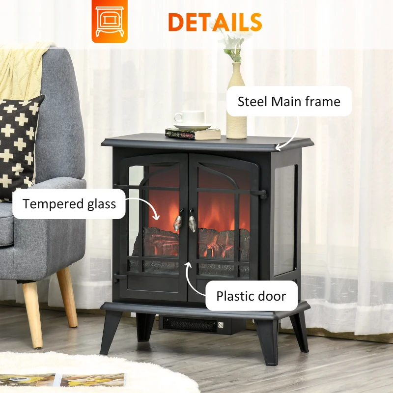 HOMCOM Electric Fireplace Heater, Freestanding Fireplace Stove with Realistic LED Log Flames and Overheating Safety Protection, 1400W, Black