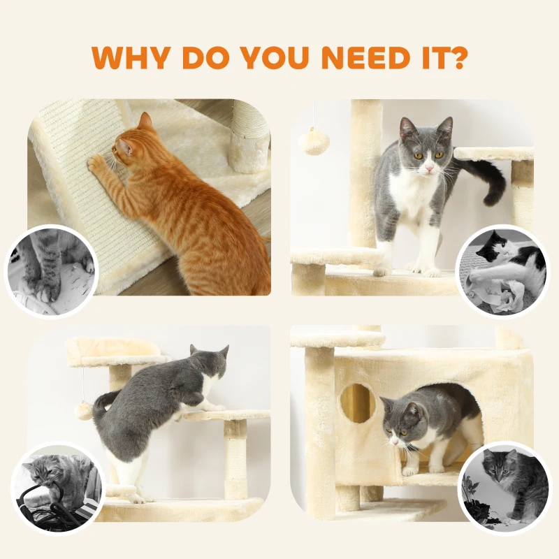 PawHut 63" Cat Tree, Multi-Level Cat Tower with Scratching Posts, Cat Condos, Bed, Platforms, Ramp, Toy Ball, Cream White