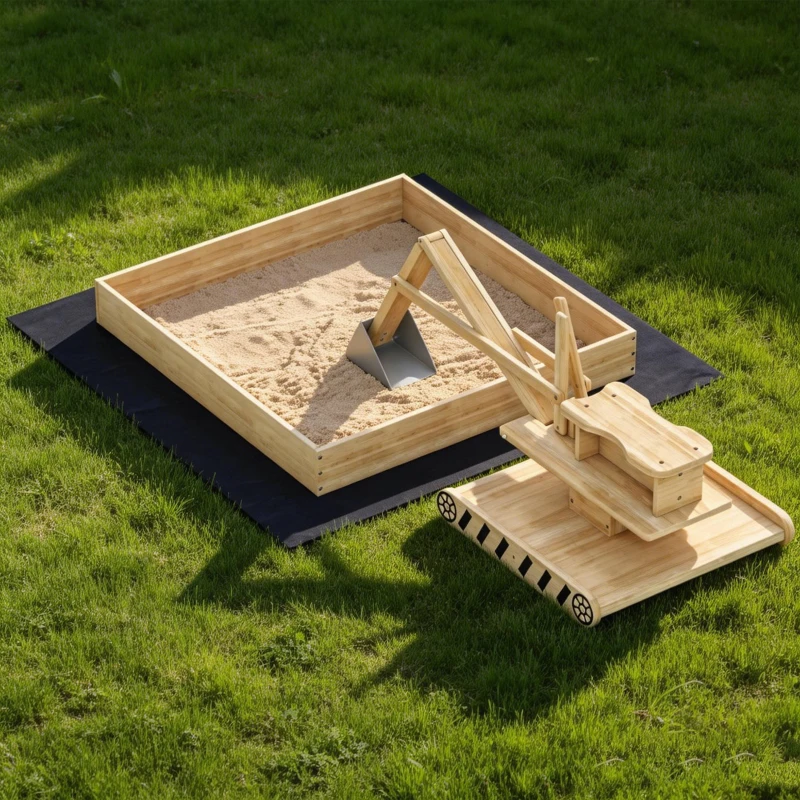 Qaba Wooden Sandbox with Digger, Kids Sandbox with 360° Rotating Seat & Bottom Liner, 72" x 35" x 22"