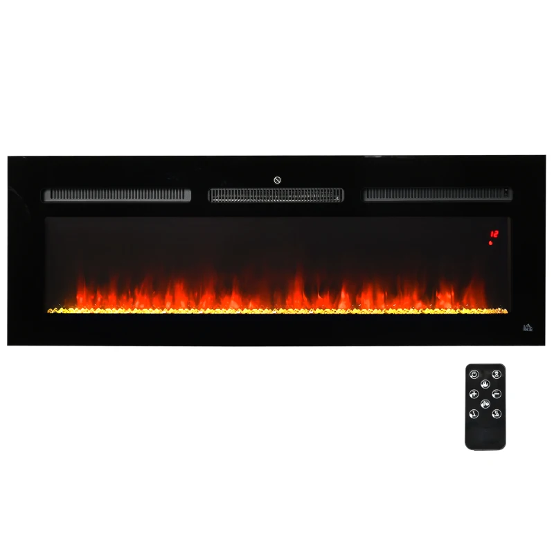 HOMCOM 50" 1500W Recessed and Wall Mounted Electric Fireplace Inserts with Remote, Adjustable Flame Color and Brightness, Cryolite-Effect Rocks, Black