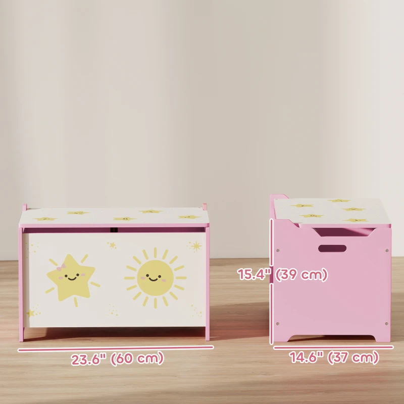 Qaba Toy Chest, Kids Storage Chest with Lid, Safety Hinges and Groove Handles for Boys, Girls, Pink
