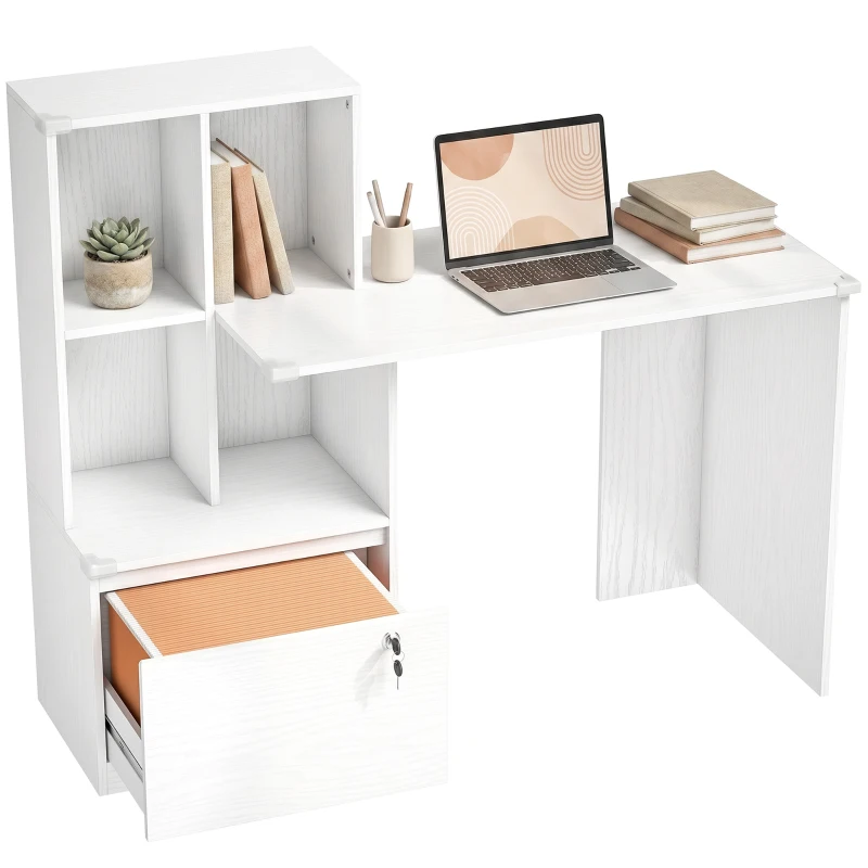 HOMCOM Computer Desk, Office Desk with Bookshelf, File Drawer and Legal Hanging File Holders, White Wood Grain
