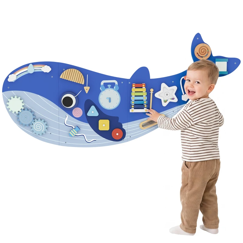Qaba Whale Activity Wall Busy Board, 13 in 1 Montessori Sensory Wall Panel for Playroom Nursery Classroom Boys Girls 2+, Blue