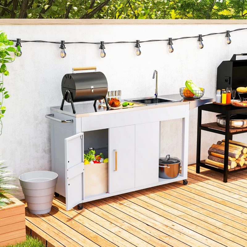 Outsunny Outdoor Grill Table with Stainless Steel Sink and Drainage, Grill Cart with Foldable Side Table and Cabinet, Outdoor Kitchen Island with Wheels, White