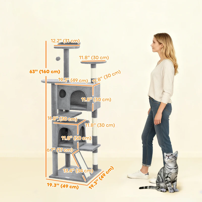 PawHut 54" Cat Tree, Multi-Level Cat Tower with Scratching Posts, Cat Condos, Bed, Platforms, Ramp, Toy Ball, Light Grey