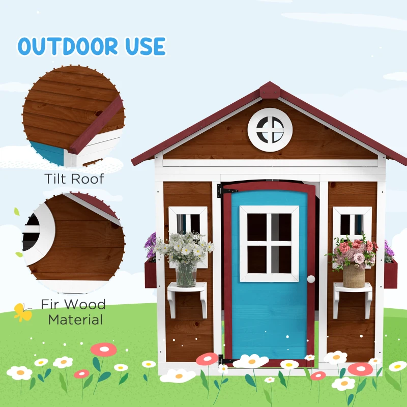 Outsunny Wooden Playhouse for Kids Outdoor with Door, Windows, Planter Pots and Boxes for Toddlers 3-8 Years, Dark Brown