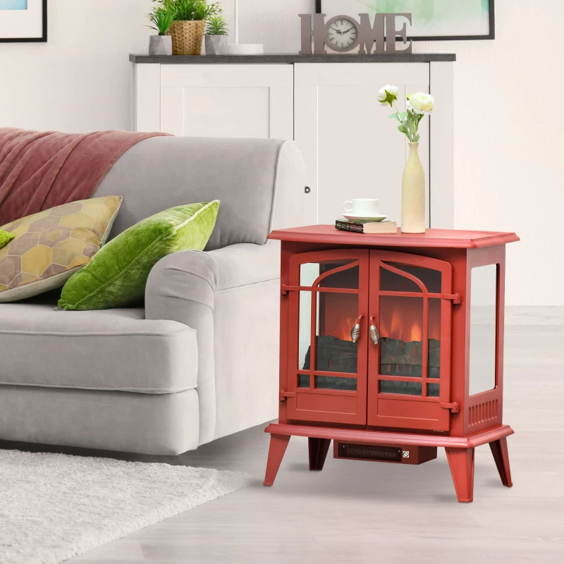 HOMCOM Electric Fireplace Heater, Freestanding Fireplace Stove with Realistic LED Log Flames and Overheating Safety Protection, 1400W, Red