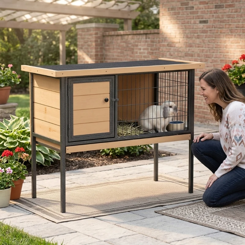 PawHut Rabbit Hutch Elevated Bunny Cage Small Animal Habitat with Metal Frame, No Leak Tray, Metal Wire Pan, Openable Water-Resistant Asphalt Roof for Rabbits, Chickens, Ducks, Indoor/Outdoor Natural