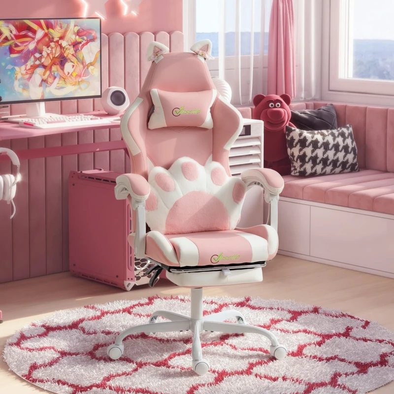 HOMCOM Cute Gaming Chair with Cat Ears, Gamer Computer Chair with Lumbar Support, Footrest, Headrest, Faux Leather, Pink