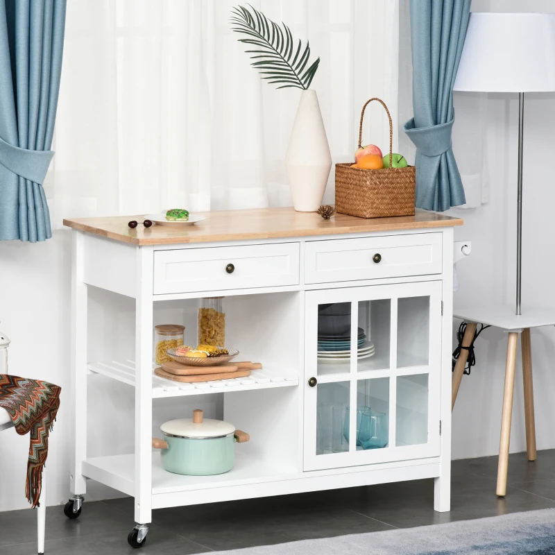 HOMCOM Rolling Kitchen Island with Storage, Kitchen Cart with Solid Wood Top, Glass Door Cabinet, Adjustable Shelf, Towel Rack, 2 Drawers for Dining Room, White