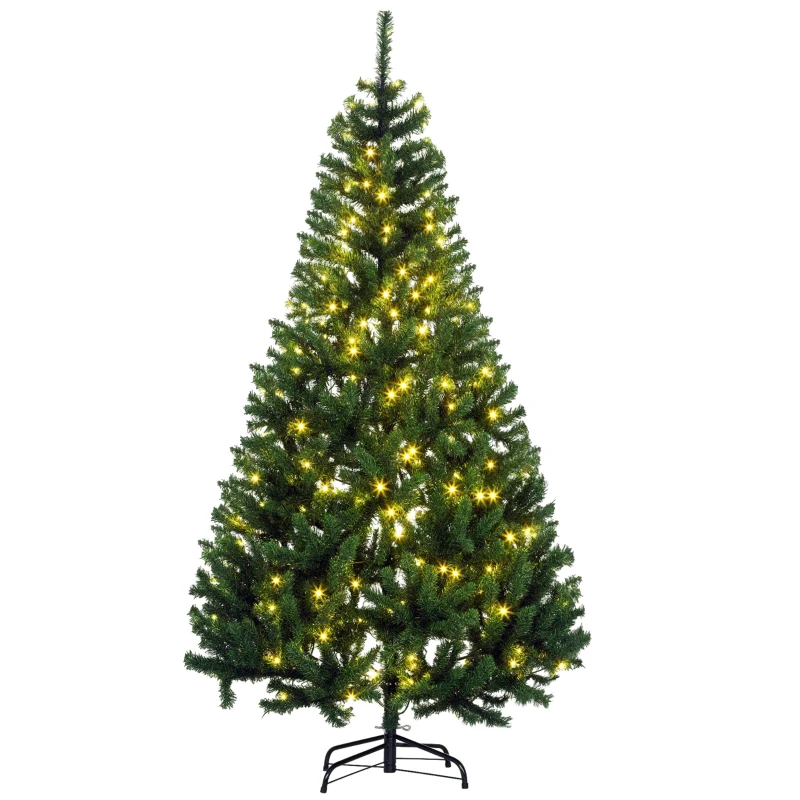 HOMCOM 6 FT Tall PreLit Artificial Christmas Tree with Realistic Branches, 250 Warm White LED Lights and 1000 Tips, Green