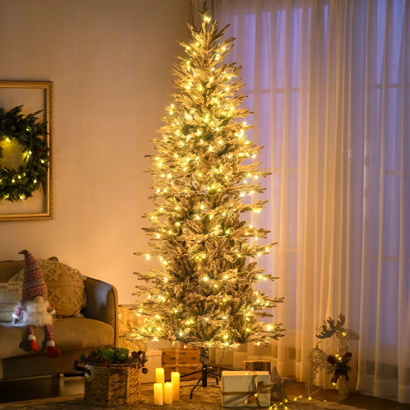 HOMCOM 7.5' Pre Lit Artificial Flocked Christmas Trees, with Snow Branches, Warm Yellow Clear Lights, Auto Open, Extra Bulb