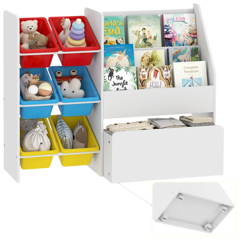Qaba Kids Bookshelf and Toy Storage, 3-Tier Bookcase with 6 Removable Bins and Box for Toddler Nursery Playroom, Multi