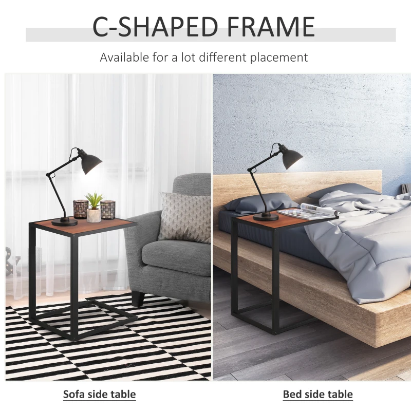 HOMCOM C-Shaped End Table, Laptop Table with Metal Frame, Sofa Side Table for Living room, Bedroom, Walnut