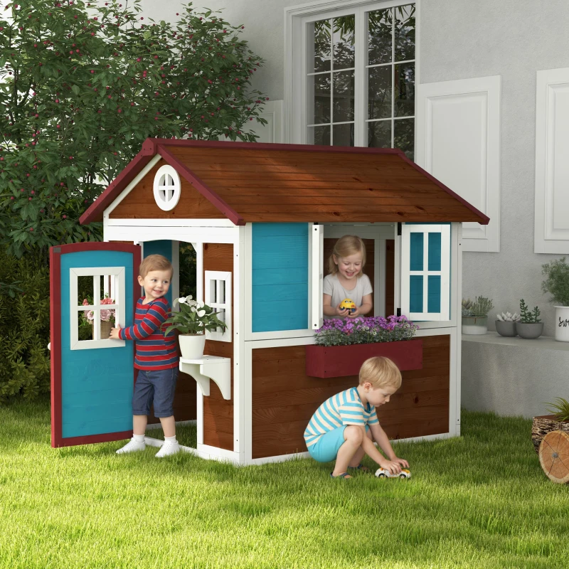 Outsunny Wooden Playhouse for Kids Outdoor with Door, Windows, Planter Pots and Boxes for Toddlers 3-8 Years, Dark Brown