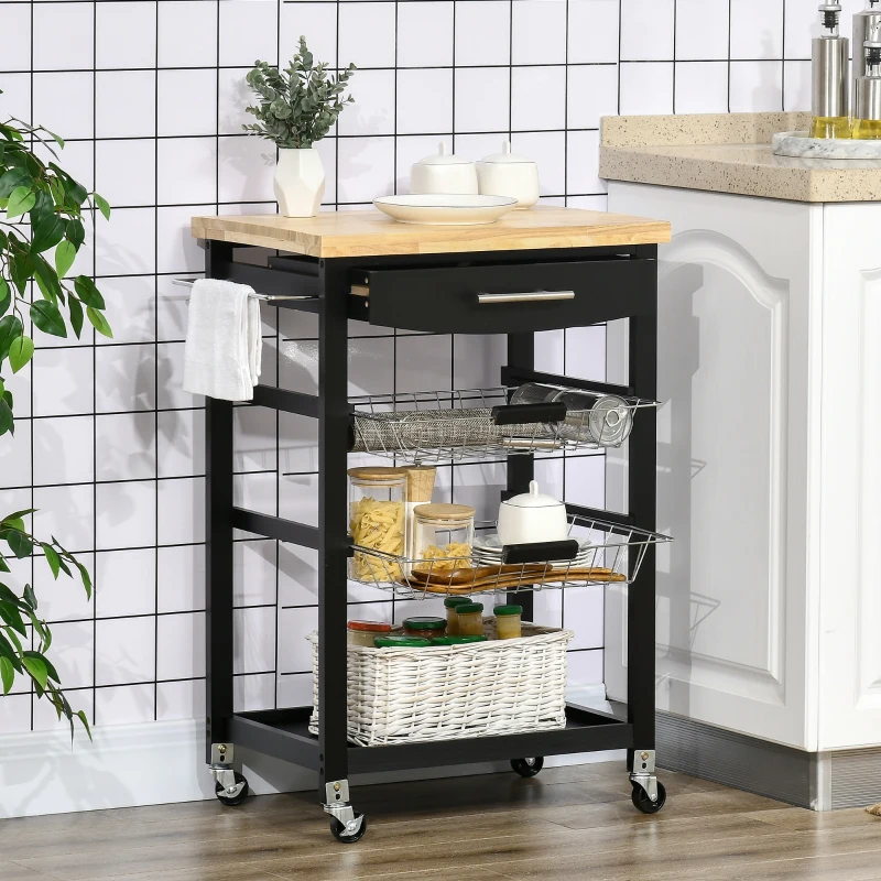 HOMCOM 3-Tier Kitchen Cart, Utility Cart with Solid Wood Top, Steel Basket, Rolling Kitchen Island with Drawer, Microwave Stand, Black