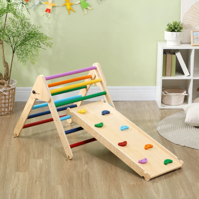 Qaba Pikler Triangle Set, 3 in 1 Climbing Toys with Ramp for Toddlers, Nature Wood