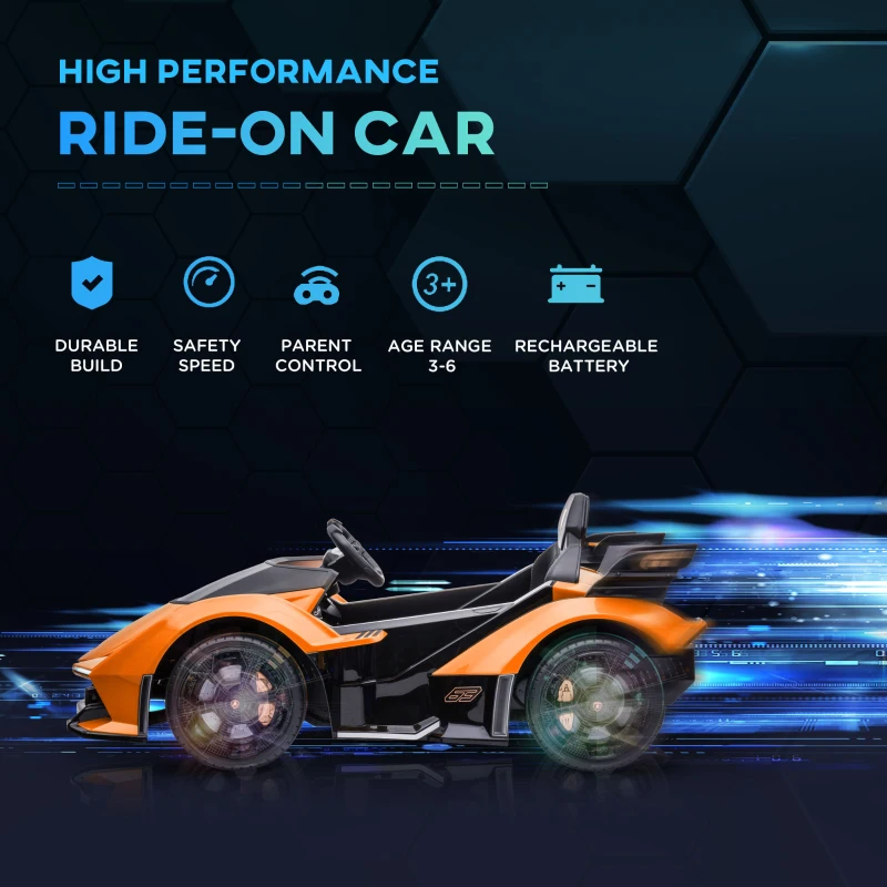 Aosom Kids Ride On Sports Car, 12V Battery Powered Electric Toy w/Parent Remote Control, Horn, Music & LED Headlights Taillights for 3-6 Years Old Orange