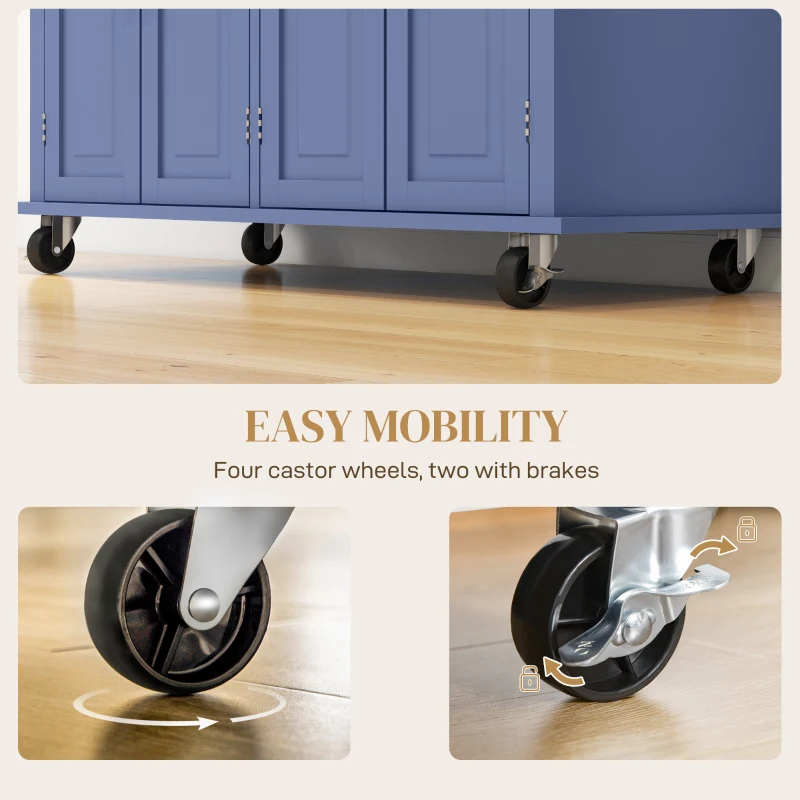 HOMCOM Kitchen Island on Wheels, Rolling Cart with Rubberwood Top, Spice Rack, Towel Rack and Drawers, Navy Blue