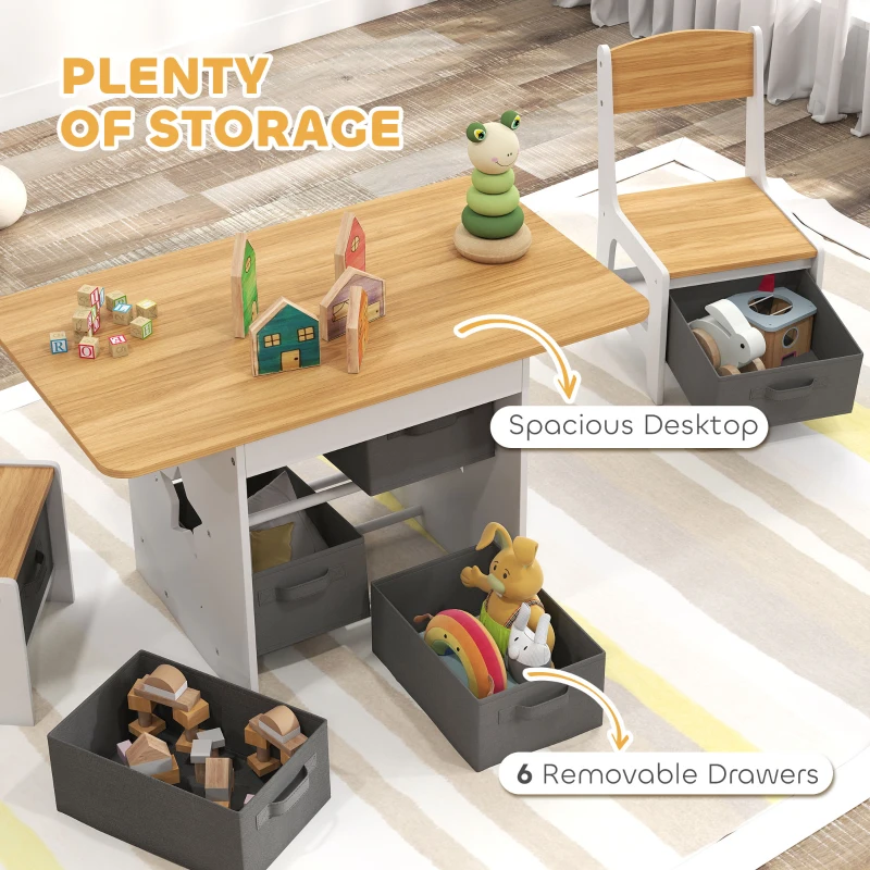 Qaba 3 Piece Kids Table and Chair Set with 6 Removable Drawers, for Classroom, Living Room, Bedroom, Nursery, Natural