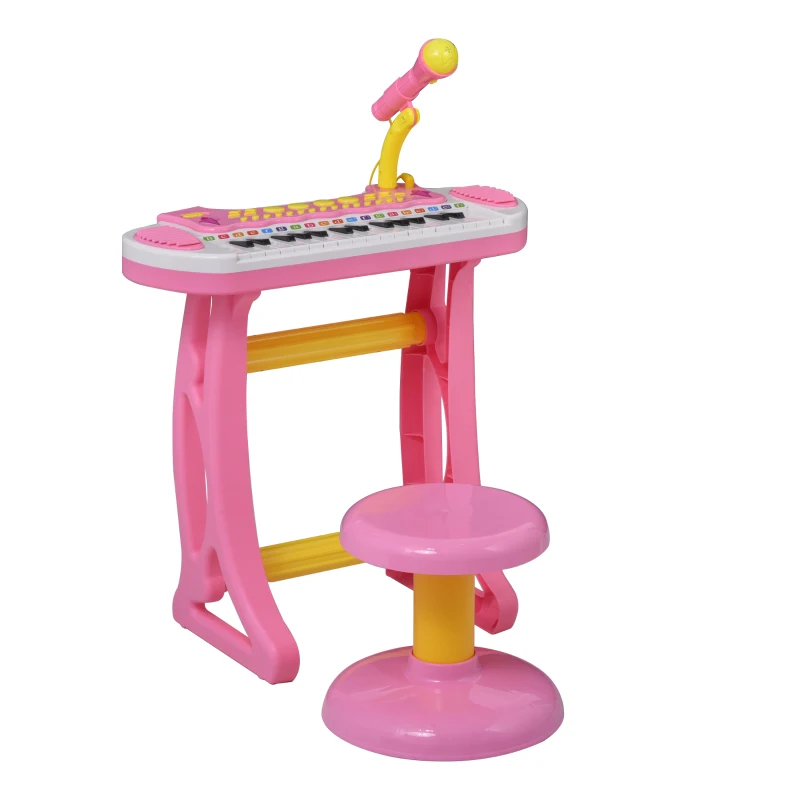 Qaba Kids Toddler Toy Piano Keyboard with Included Sitting Stool, Working Microphone, A Fun Bright Flashlight, Pink