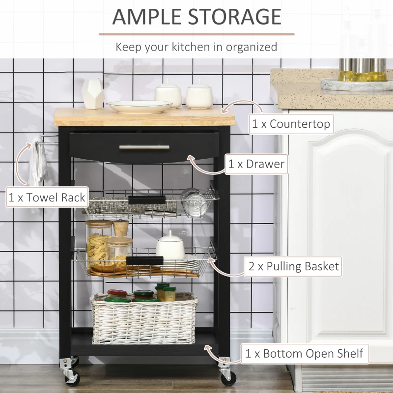 HOMCOM 3-Tier Kitchen Cart, Utility Cart with Solid Wood Top, Steel Basket, Rolling Kitchen Island with Drawer, Microwave Stand, Black