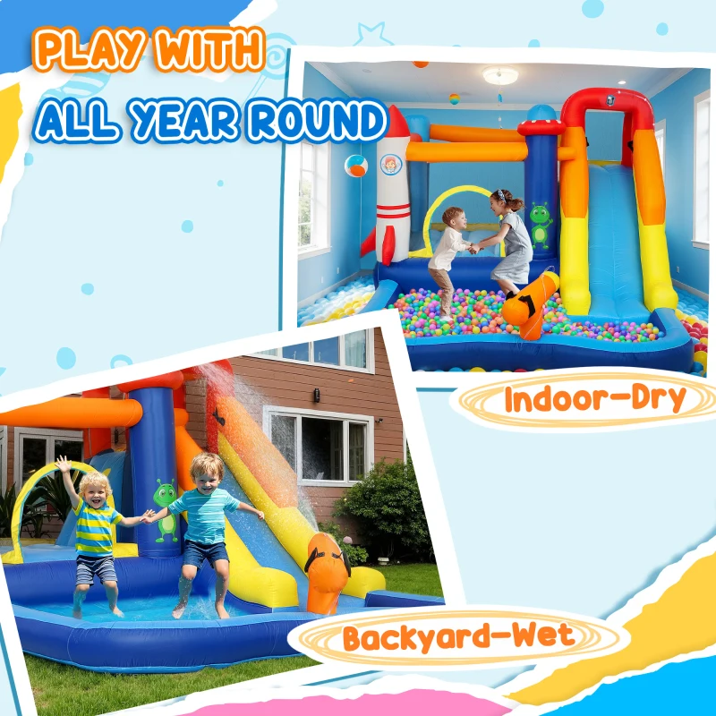 Qaba 5 in 1 Inflatable Bounce House, Water Slide with 550W Blower, Splash Pool, Trampoline, Climbing Wall, Cannon