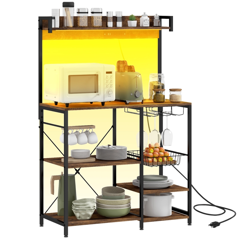 HOMCOM Industrial Kitchen Bakers Rack with Charging Station, RGB Lights, Glass Holders and Open Shelves, Rustic Brown