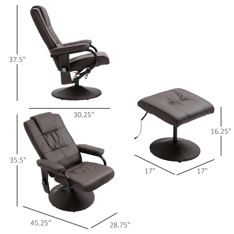 HOMCOM Massaging Faux Leather Recliner Chair and Ottoman Set, Swivel Vibration Massage Lounge Chair with Remote Control for Living Room, Bedroom, or Office, Brown